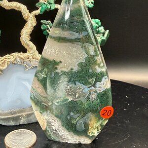 Moss Agate Flame Stand Druzy Quartz: 4.80" Tall #20